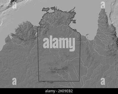 Northern Territory, Territorium von Australien. Bilevel-Höhenkarte mit Seen und Flüssen Stockfoto