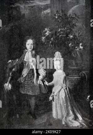 Kinder von James II. Mary II. (30. April 1662 - 28. Dezember 1694) war Königin von England, Schottland und Irland und amtete von 1689 bis zu ihrem Tod im Jahr 1694 mit ihrem Ehemann William III. Und II. Anne (6. Februar 1665 - 1. August 1714) war vom 8. März 1702 bis zum 1. Mai 1707 Königin von England, Schottland und Irland. Sie regierte bis zu ihrem Tod 1714 als Königin von Großbritannien und Irland. Stockfoto