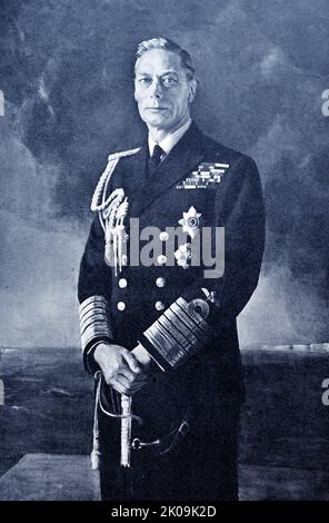 König Georg VI. In seiner Uniform als Admiral der Flotte. George VI. (Albert Frederick Arthur George; 14. Dezember 1895 - 6. Februar 1952) war vom 11. Dezember 1936 bis zu seinem Tod im Jahr 1952 König des Vereinigten Königreichs und der Dominions des Britischen Commonwealth. Unter seiner Familie und engen Freunden als "Bertie" bekannt, war George VI der zweite Sohn von König George V. Er diente während des Ersten Weltkriegs in der Royal Navy und der Royal Air Force. 1920 wurde er zum Herzog von York gemacht. Er heiratete Lady Elizabeth Bowes-Lyon im Jahr 1923, und sie hatten zwei Töchter, Elizabeth und Margaret. Georgs älterer Bruder Edward As Stockfoto