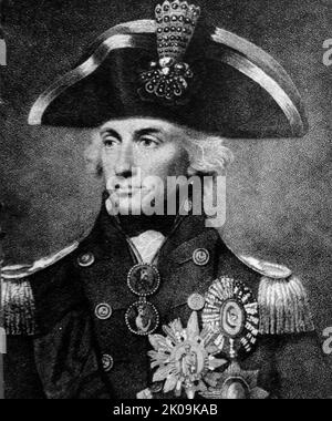 Vizeadmiral Horatio Nelson, 1. Viscount Nelson, 1. Duke of Bronte, KB (29. September 1758 - 21. Oktober 1805), auch einfach als Admiral Nelson bekannt, war ein britischer Flaggenoffizier in der Royal Navy. Seine inspirierende Führung, sein strategisches Gespür und seine unkonventionellen Taktiken brachten eine Reihe entscheidender britischer Seesiege, insbesondere während der Napoleonischen Kriege. Stockfoto