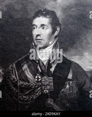 Arthur Wellesley, 1. Duke of Wellington, KG, GCB, GCH, PC, FRS (1. Mai 1769 - 14. September 1852) war ein anglo-irischer Soldat und Tory-Staatsmann, einer der führenden militärischen und politischen Persönlichkeiten des 19.-jährigen Britanniens, der zweimal als Premierminister diente. Er ist einer der Kommandeure, die die Napoleonischen Kriege gewonnen und beendet haben, als die Koalition Napoleon in der Schlacht von Waterloo 1815 besiegte. Stockfoto