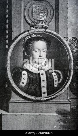 Mary I. (18. Februar 1516 - 17. November 1558), auch bekannt als Mary Tudor, und von ihren protestantisch gekonnten Gegnern als „Blutige Mary“ bezeichnet, war von Juli 1553 bis zu ihrem Tod im Jahr 1558 Königin von England und Irland. Sie ist vor allem für ihren energischen Versuch bekannt, die englische Reformation umzukehren, die während der Herrschaft ihres Vaters Heinrich VIII. Begonnen hatte Ihr Versuch, das in den beiden vorherigen Regierungszeiten beschlagnahmte Eigentum der Kirche wiederherzustellen, wurde vom Parlament weitgehend vereitelt, aber während ihrer fünfjährigen Herrschaft ließ Maria über 280 religiöse Andersdenkende auf dem Scheiterhaufen der marianischen Verfolgungen verbrennen. Stockfoto