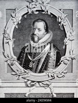 James VI und ich, James Charles Stuart; (19. Juni 1566 - 27. März 1625) war König von Schottland als James VI. Vom 24. Juli 1567 und König von England und Irland als James I. von der Vereinigung der schottischen und englischen Kronen am 24. März 1603 bis zu seinem Tod im Jahr 1625. James war der Sohn Mariens, der Königin der Schotten, und ein Ururenkel von Heinrich VII., König von England und Lord von Irland, und somit ein potenzieller Nachfolger aller drei Throne. Stockfoto