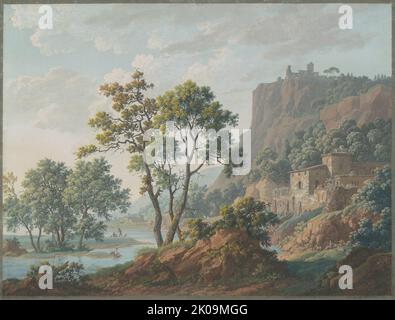 Flusslandschaft mit Burgen und Fischern, 1817. Stockfoto