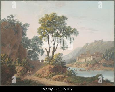 Flusslandschaft mit Burgen und Reisenden, 1817. Stockfoto