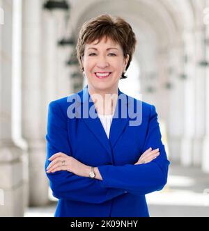Susan Margaret Collins (geboren am 7. Dezember 1952) ist eine amerikanische Politikerin, die als hochrangige Senatorin der Vereinigten Staaten aus Maine dient, einem Sitz, den sie seit 1997 innehat. Sie ist Mitglied der Republikanischen Partei. Stockfoto