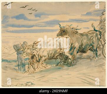 Drover mit Ochsen, die einen Wagen ziehen, 1840/41. Stockfoto