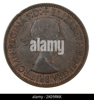 Große Britische Bronze Half Penny Münze datiert 1953 mit Queen Elizabeth II auf dem Gesicht Stockfoto