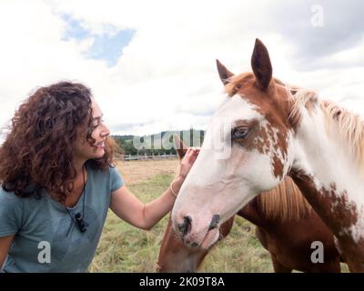 Seitenansicht der Brünette Frau streichelte ein Jahr amerikanischen Farbe Pferd. Stockfoto