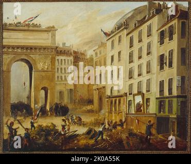 Kampfszene an der Porte Saint-Martin, 28. Juli 1830. Stockfoto