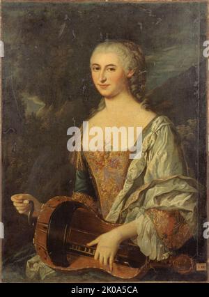 Porträt einer Frau, die die Drehleier spielt, c1740. Stockfoto