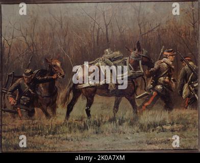 Militärszene: Mobile Einheiten mit Krankenwagen-Maultieren (Fragment des Panoramas von Champigny), 1881. Stockfoto