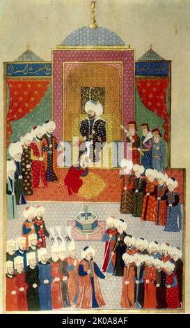 Mehmed II (1432 - 1481), bekannt als Mehmed der Eroberer. Osmanischer Sultan, der von August 1444 bis September 1446 und von Februar 1451 bis Mai 1481 regierte. In der ersten Regierungszeit von Mehmed II. Besiegte er den Kreuzzug unter der Führung von John Hunyad. Als Mehmed II. 1451 erneut den Thron bestieg, stärkte er die osmanische Marine und bereitete sich auf den Angriff auf Konstantinopel vor. Im Alter von 21 Jahren eroberte er Konstantinopel (das heutige Istanbul) und brachte dem Byzantinischen Reich ein Ende. Stockfoto
