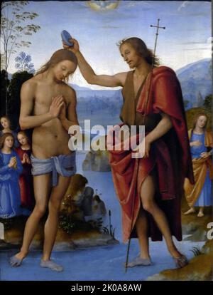 Taufe Christi; 1498/1500 Gemälde von Pietro Perugino (in Wien, Österreich). Pietro Perugino (1446/1452 - 1523), war ein italienischer Renaissance-Maler der umbrischen Schule, der einige der Qualitäten entwickelte, die in der Hochrenaissance zum klassischen Ausdruck fanden. Stockfoto