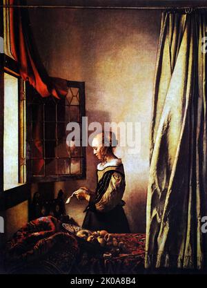 Gemälde des niederländischen Malers Jan Vermeer. Johannes Vermeer (Oktober 1632 - Dezember 1675) war ein niederländischer Barockmaler, der sich auf häusliche Innenräume des bürgerlichen Lebens spezialisierte Stockfoto