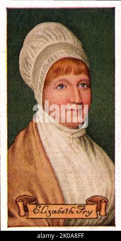 Elizabeth Fry (geb. Gurney; 21. Mai 1780 - 12. Oktober 1845), manchmal auch als Betsy Fry bezeichnet, war eine englische Gefängnisreformerin, Sozialreformerin, Philanthropin und Quäkerin. Fry war eine wichtige treibende Kraft hinter neuen Rechtsvorschriften zur Verbesserung der Behandlung von Gefangenen, insbesondere von weiblichen Insassen, und wurde daher als „Engel der Gefängnisse“ bezeichnet. Stockfoto