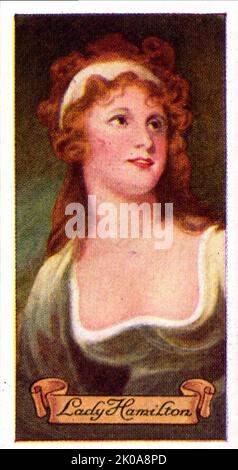 Porträt von Lady Hamilton. Dame Emma Hamilton (geboren als Amy Lyon; 26. April 1765 - 15. Januar 1815), allgemein bekannt als Lady Hamilton, war eine englische Magd, Model, Tänzerin und Schauspielerin. Sie begann ihre Karriere in der Londoner Demi-Monde, wurde zur Geliebten einer Reihe wohlhabender Männer, die ihren Höhepunkt im Marineheld Lord Nelson erreichte und war das Lieblingsmodell des Porträtkünstlers George Romney. Im Jahr 1791, im Alter von 26 Jahren, heiratete sie Sir William Hamilton, den britischen Botschafter im Königreich Neapel, wo sie am Hof erfolgreich war, mit der Königin, der Schwester von Marie Antoinette, Freundschaft schloss und Nelson treffen konnte. Stockfoto