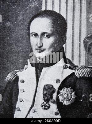 Joseph-Napoleon Bonaparte (geb. Giuseppe di Buonaparte, 7. Januar 1768 - 28. Juli 1844) war ein französischer Staatsmann, Rechtsanwalt, Diplomat und älterer Bruder von Napoleon Bonaparte. Während der Napoleonischen Kriege machte ihn dieser zum König von Neapel (1806-1808) und dann zum König von Spanien (1808-1813) Stockfoto