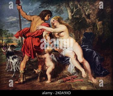 Venus und Adonde, Ölgemälde von Rubens. Sir Peter Paul Rubens (28. Juni 1577 - 30. Mai 1640) war ein flämischer Künstler und Diplomat aus dem Herzogtum Brabant in den südlichen Niederlanden (heute Belgien). Er gilt als der einflussreichste Künstler der flämischen Barocktradition Stockfoto