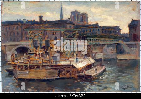 Arbeiten an der Metro an der Notre-Dame-Brücke, im Jahr 1906. Stockfoto