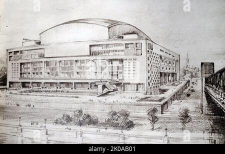 Design für die Royal Festival Hall, Konzert-, Tanz- und Gesprächsstätte im Southbank Centre in London. Die Halle wurde als Teil des Festival of Britain für den London County Council errichtet und am 3. Mai 1951 offiziell eröffnet Stockfoto