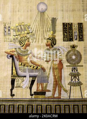 Moderne Papyrus Darstellung König Tutanchamun, ein alter ägyptischer pharao (regierte c. 1332 - 1323 v. Chr.) mit seiner Frau Ankhesenamun. Neues Königreich der ägyptischen Geschichte Stockfoto