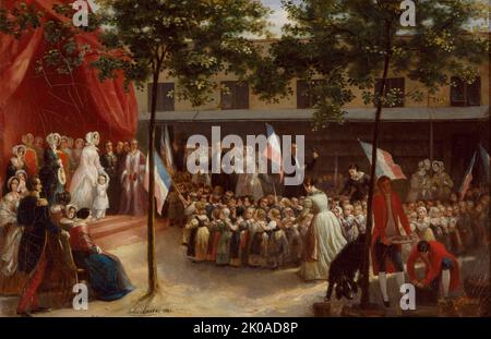 Die Herzogin von Orleans und der Graf von Paris besuchen ein Pariser Waisenhaus, 1841. Stockfoto