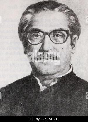 Scheich Mujibur Rahman (1920 - 1975), Politiker, Staatsmann und Gründungsvater von Bangladesch, der vom 1971. April bis zu seiner Tötung im August 1975 als erster Präsident und später als Premierminister von Bangladesch fungierte. Mujib wird die Leitung der erfolgreichen Kampagne für die Unabhängigkeit Bangladeschs von Pakistan zugeschrieben Stockfoto