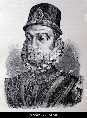 Philipp II. (21. Mai 1527 - 13. September 1598), auch bekannt als Philipp der Kluge (spanisch: Felipe el Prudente), war ab 1556 König von Spanien, ab 1580 König von Portugal und von 1554 bis zu seinem Tod im Jahr 1598 König von Neapel und Sizilien. Er war auch jure uxoris König von England und Irland von seiner Ehe mit Königin Maria I. im Jahr 1554 bis zu ihrem Tod im Jahr 1558. Ab 1540 war er auch Herzog von Mailand. Ab 1555 war er Herr der siebzehn Provinzen der Niederlande Stockfoto