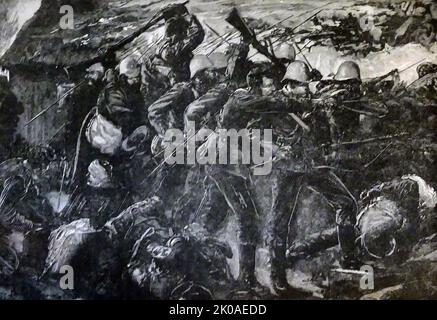 Die Schlacht von Rorkes Drift (1879), auch bekannt als die Verteidigung von Rorkes Drift, war ein Engagement im Anglo-Zulu-Krieg. Die erfolgreiche britische Verteidigung der Missionsstation von Rorke's Drift unter dem Kommando der Lieutenants John Chard von den Royal Engineers und Gonville Bromhead, 24. Regiment of Foot, Begann, als ein großes Kontingent von Zulu-Kriegern während der letzten Stunde der britischen Niederlage bei der tagelangen Schlacht von Isandlwana am 22. Januar 1879 aus ihrer Hauptwaffe ausbrach, 6 Meilen (9,7 km) umlenkte, um Rorkes Drift später an diesem Tag anzugreifen und bis zum nächsten Tag weiterzufahren Stockfoto