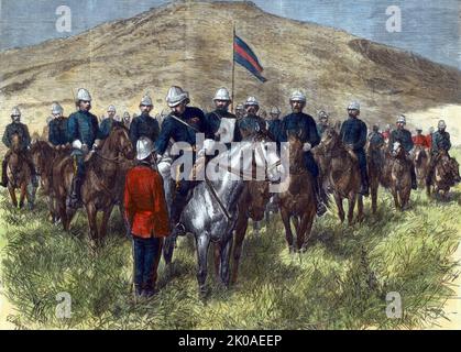 Der Zulu-Krieg - Sir Garnet Wolseley übergibt das Victoria-Kreuz an Major Chard, Royal Engineers, im Inkwenke Camp, 1879. Die Schlacht von Rorkes Drift (1879), auch bekannt als die Verteidigung von Rorkes Drift, war ein Engagement im Anglo-Zulu-Krieg. Die erfolgreiche britische Verteidigung der Missionsstation von Rorke's Drift unter dem Kommando der Lieutenants John Chard von den Royal Engineers und Gonville Bromhead, 24. das Fußregiment begann, als ein großes Kontingent von Zulu-Kriegern während der letzten Stunde der britischen Niederlage bei der tagelangen Schlacht von Isandlwana am 22. Januar aus ihrer Hauptwaffe ausbrach Stockfoto