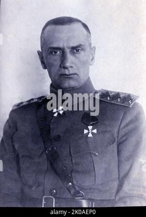 Alexander Kolchak (1874. - 7. Februar 1920) Kaiserlicher russischer Admiral, Militärführer und Polarforscher, der in der Kaiserlichen Russischen Marine diente und im Russisch-Japanischen Krieg von 1904-1905 und dem Ersten Weltkrieg kämpfte. Während des russischen Bürgerkrieges von 1917-1922 gründete er eine antikommunistische Regierung in Sibirien - später die Provisorische Allrussische Regierung - und wurde von den anderen Führern der Weißen Bewegung von 1918 bis 1920 als "Oberster Führer und Oberbefehlshaber aller russischen Land- und Seestruppen" anerkannt. Seine Regierung hatte ihren Sitz in Omsk, im Südwesten Sibiriens Stockfoto