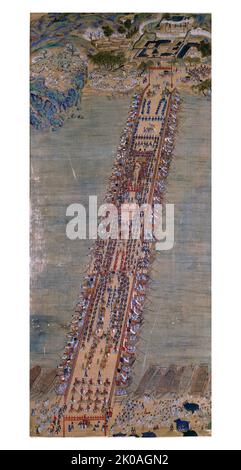 Achttägige Prozession unter der Leitung von König Jeongj. Prozession über den Han-Fluss über eine Pontoon-Brücke bei Noryangjin, 1795. Joseon Era, gemalte Schriftrolle Stockfoto