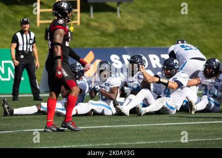 Ottawa, Kanada. 10. September 2022. Toronto Argonauts feiern einen Touchdown, indem sie während des CFL-Spiels zwischen Toronto Argonauts und Ottawa Redblacks im TD Place Stadium in Ottawa, Kanada, rudern. Daniel Lea/CSM/Alamy Live News Stockfoto