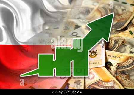 Wirtschaftsdiagramm: Steigender Pfeil, polnische złoty-Geldscheine und polnische Flagge (Geld, Wirtschaft, Unternehmen, Finanzen, Inflation, Krise) Stockfoto