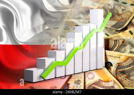 Wirtschaftsdiagramm: Steigender Pfeil, polnische złoty-Geldscheine und polnische Flagge (Geld, Wirtschaft, Unternehmen, Finanzen, Inflation, Krise) Stockfoto