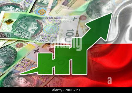 Wirtschaftsdiagramm: Steigender Pfeil, polnische złoty-Geldscheine und polnische Flagge (Geld, Wirtschaft, Unternehmen, Finanzen, Inflation, Krise) Stockfoto