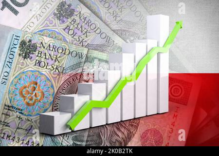 Wirtschaftsdiagramm: Steigender Pfeil, polnische złoty-Geldscheine und polnische Flagge (Geld, Wirtschaft, Unternehmen, Finanzen, Inflation, Krise) Stockfoto