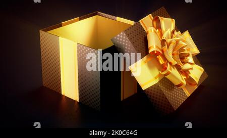 Geöffnete goldene - schwarze Geschenkbox für schwarzes freitag-Giveaway - abstraktes 3D Rendering Stockfoto