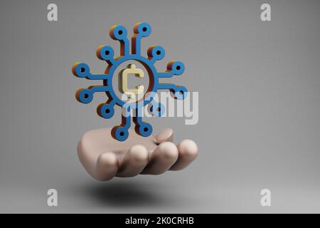 Schöne abstrakte Illustrationen Golden Hand Holding Blockchain Token Symbol-Symbol auf einem grauen Hintergrund. 3D Rendering-Illustration. Hintergrundmuster Stockfoto