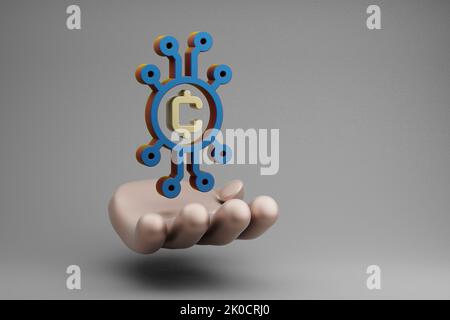 Schöne abstrakte Illustrationen Golden Hand Holding Blockchain Token Symbol-Symbol auf einem grauen Hintergrund. 3D Rendering-Illustration. Hintergrundmuster Stockfoto