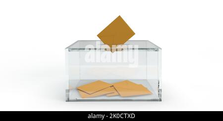 Einfügen eines Stimmumschlags in eine transparente Wahlurne, weißer Hintergrund, Kopierbereich. Realistische 3D-Renderdarstellung. Konzept der demokratischen Wahlen. Stockfoto