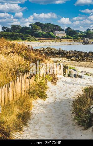 Sandiger Fußweg in den grasbewachsenen Dünen, der von einem Holzzaun am Meer in finistere in der Bretagne unter blauem Himmel begrenzt wird Stockfoto