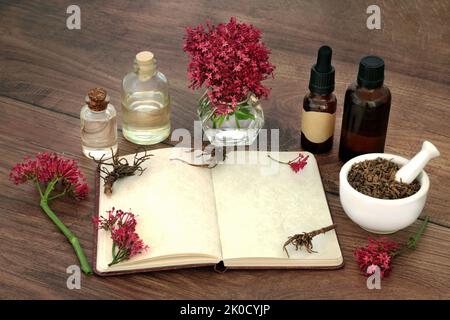 Baldrian Kräuterwurzel mit ätherischen Ölflaschen, Blumen, Notizbuch. Alternative pflanzliche Adaptogen Pflanzenmedizin zu behandeln, Angst, Schlaflosigkeit, Kopfschmerzen, Stockfoto