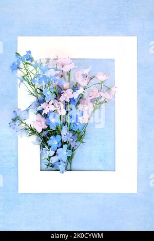 Delphinium Blumenarrangement Sommer Hintergrund Rand auf meliertem blauen Hintergrund mit weißem Rahmen. Wird in der Kräutermedizin als Beruhigungsmittel verwendet. Stockfoto