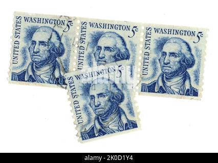 Eine Montage von Vintage-Briefmarken aus den USA auf weißem Hintergrund. Stockfoto
