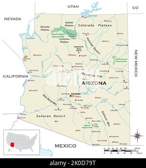 Sehr detaillierte physikalische Karte des US-Bundesstaates Arizona Stockfoto