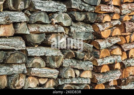 Holzstapel. Texturierter Feuerholz Hintergrund. Stapel von altem, trocken gehacktem Feuerholz Stockfoto