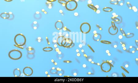 Gerendert 3D Szene von glänzenden, goldenen Ringen regnet unten mit hellblauem Hintergrund; eine Form der modernen Pop-Art Stockfoto