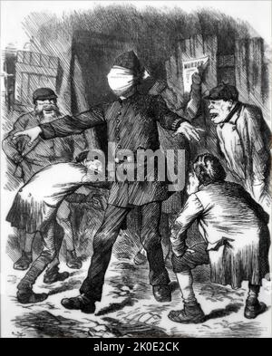 Punch Cartoon aus dem Jahr 1888 kritisierten Londoners und beschuldigten die Polizei, Jack the Ripper nicht gefangen zu haben. Stockfoto